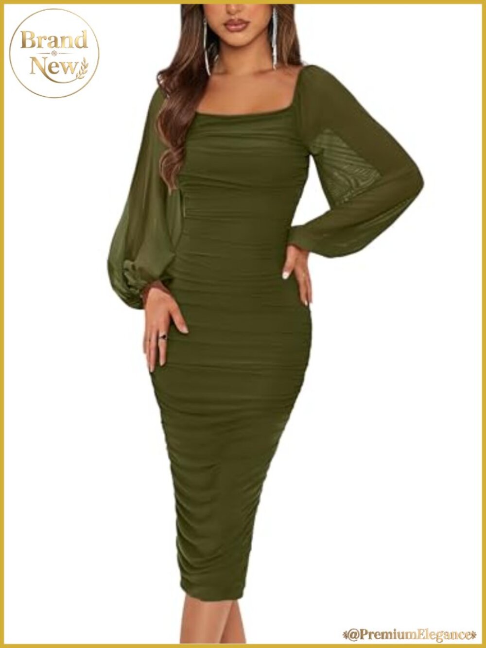 Women's Long Sleeve Ruched Midi Bodycon Dress Square Neck Mesh Party Cocktail